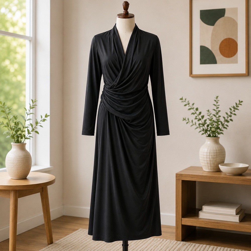 NWOT Attitudes by Renee Black Long Sleeve Surplice Maxi Dress Size L Neck Slit